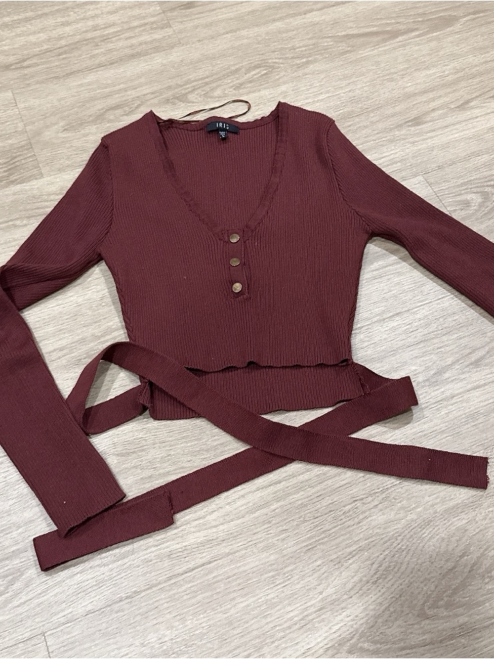 iris Maroon Ribbed Wrap Crop Top